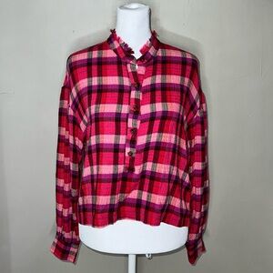 Anthropologie Pilcro Pink Purple Plaid High-Low Hem Button Down Shirt Size Small